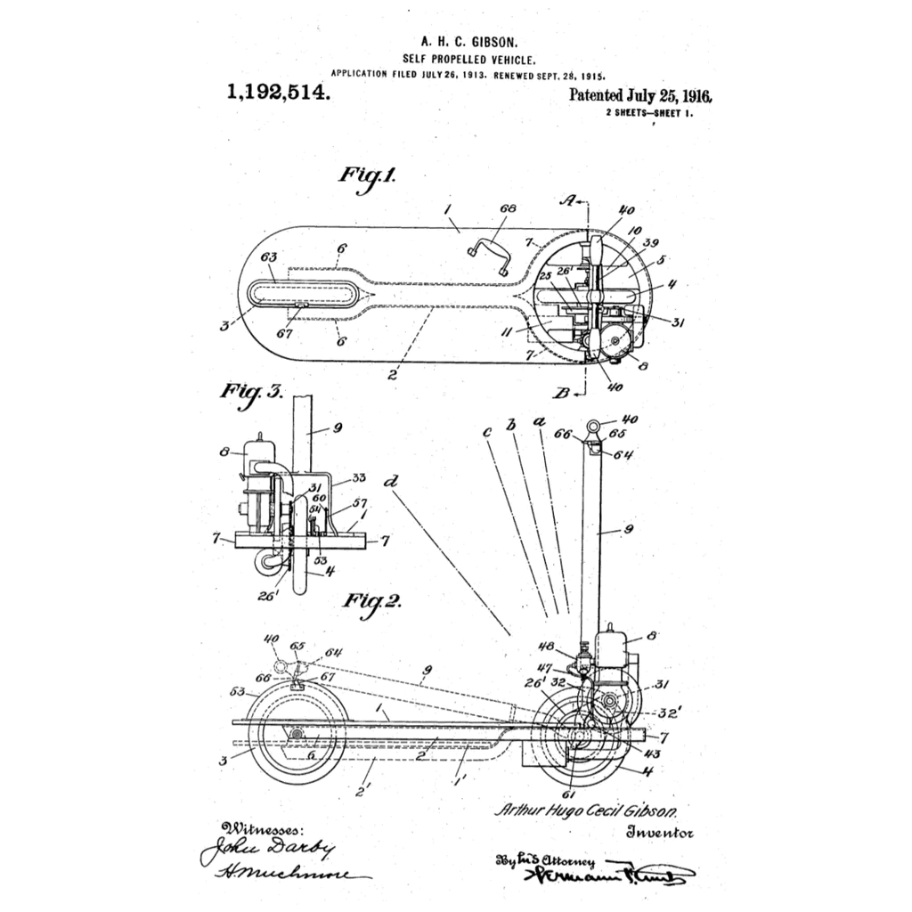 Konstrukční schéma Autopedu – 1. patentovaná koloběžka s motorem (spalovací benzínový).