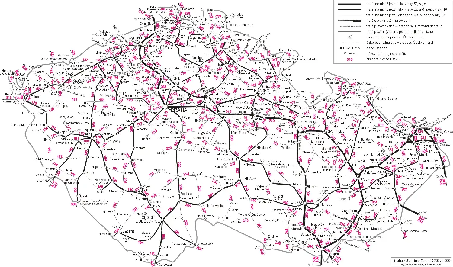 Mapa železničních tratí v Česku.